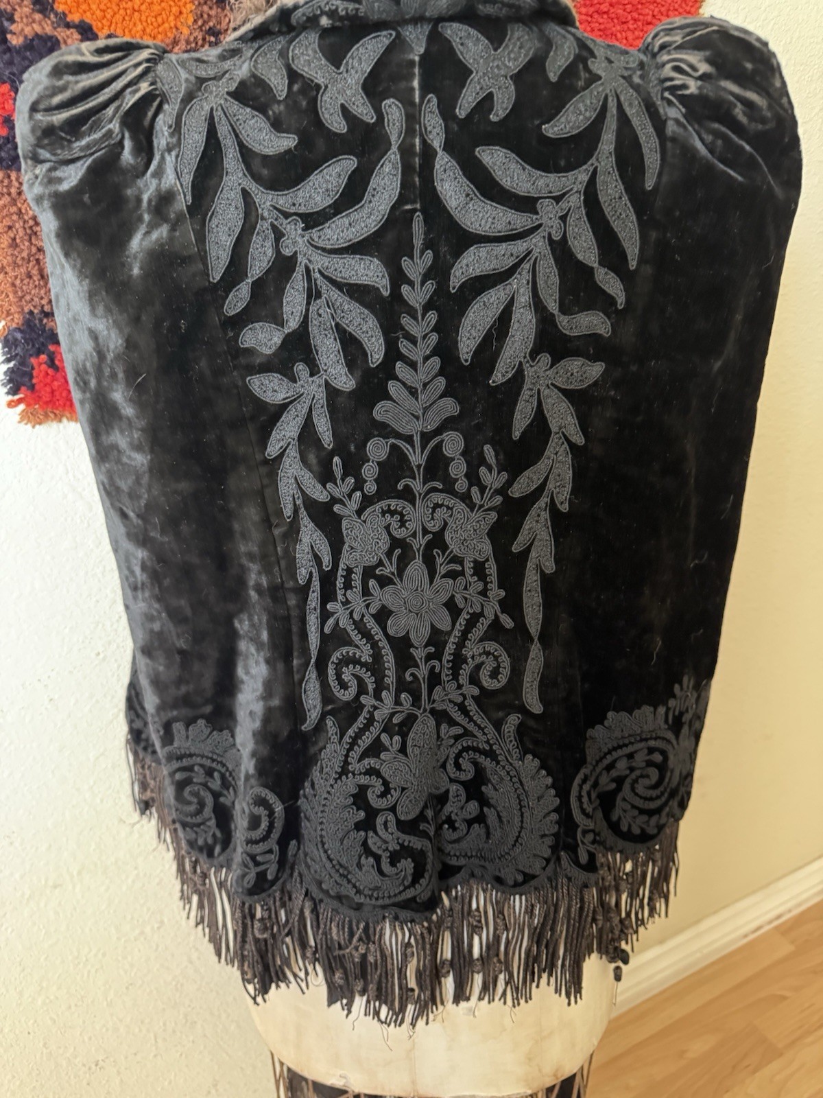 Antique Victorian Black Velvet Embroidered Fringe Cape Jacket Puff Sleeves