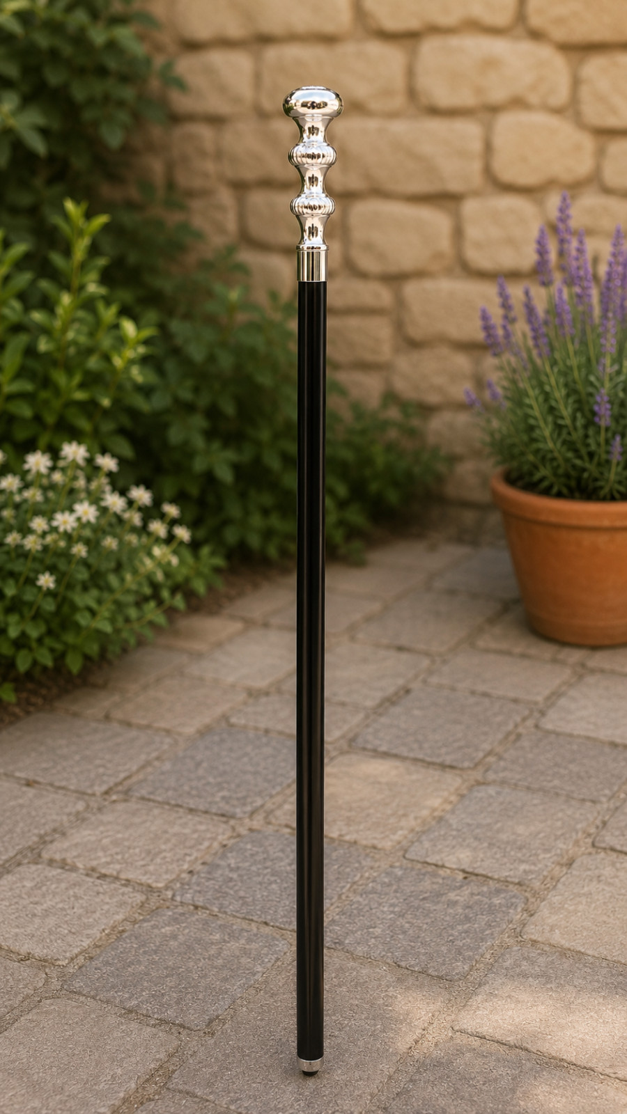 Silver Brass Walking Stick Black Hardwood Cane Floral Ball Handle Adjustable