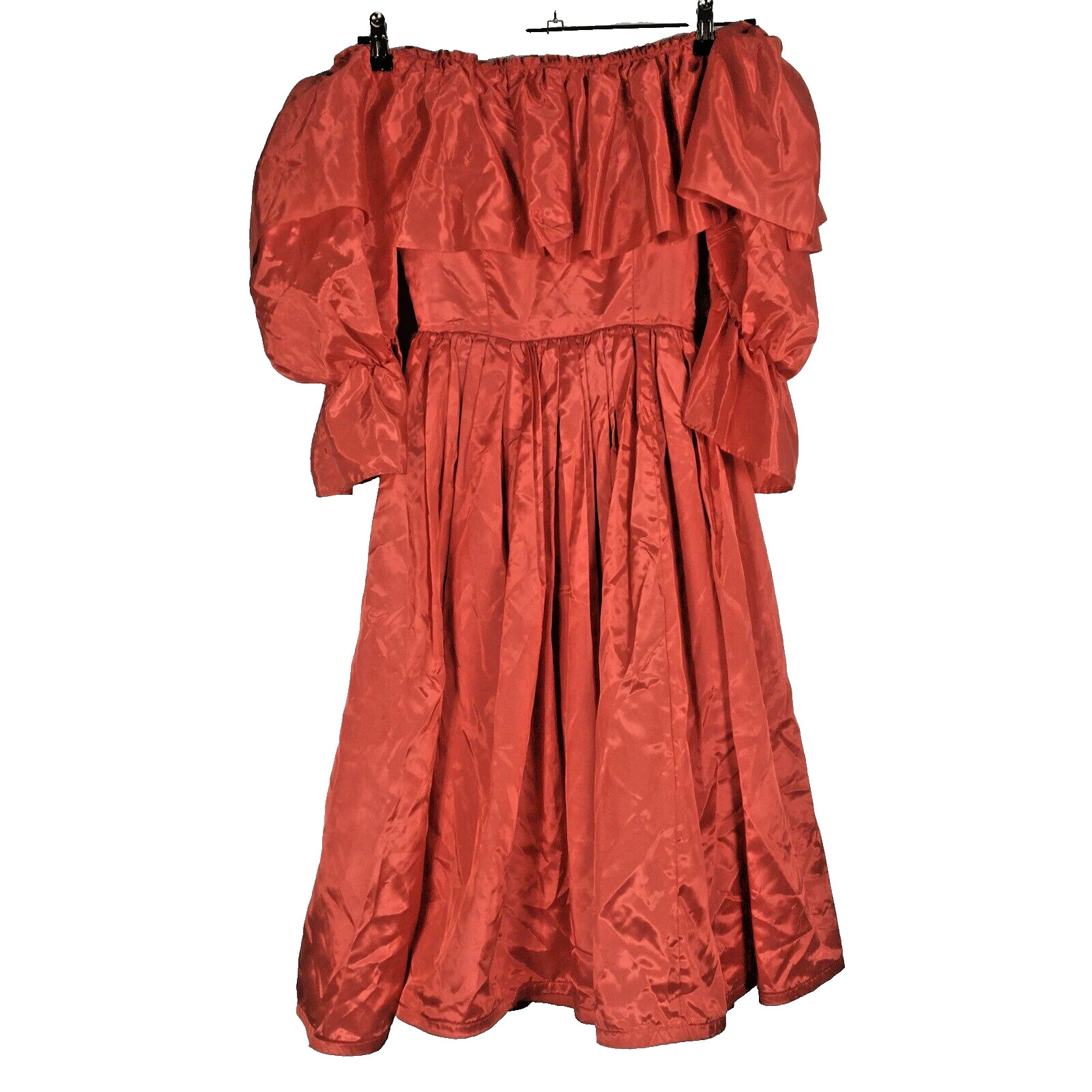 VTG 80s Satin Red Off Shoulder Pouf Glam Rock Dress Formal Party Bows S/M EUC