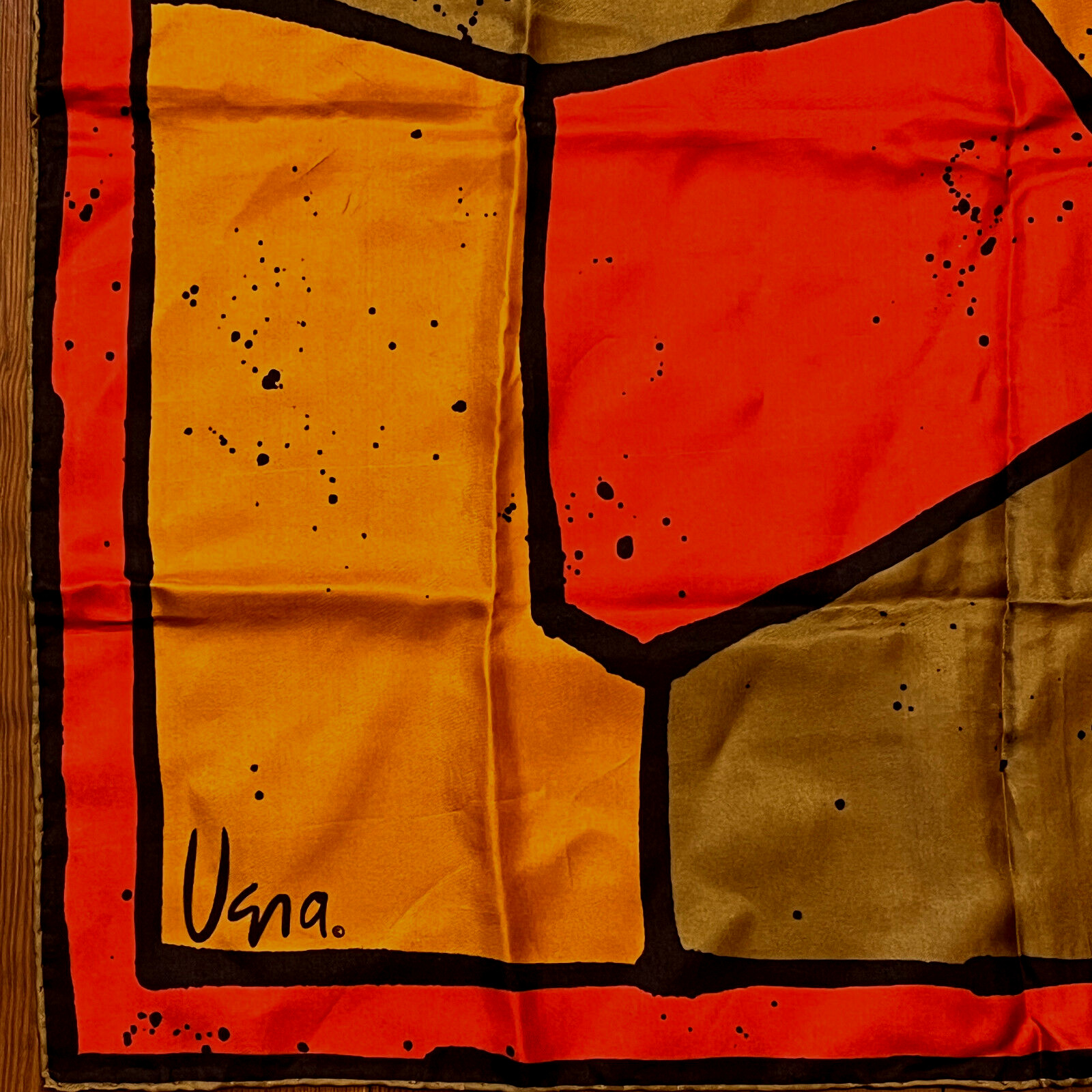 Vera Neumann silk color block scarf mod orange red brown black 26″ square C