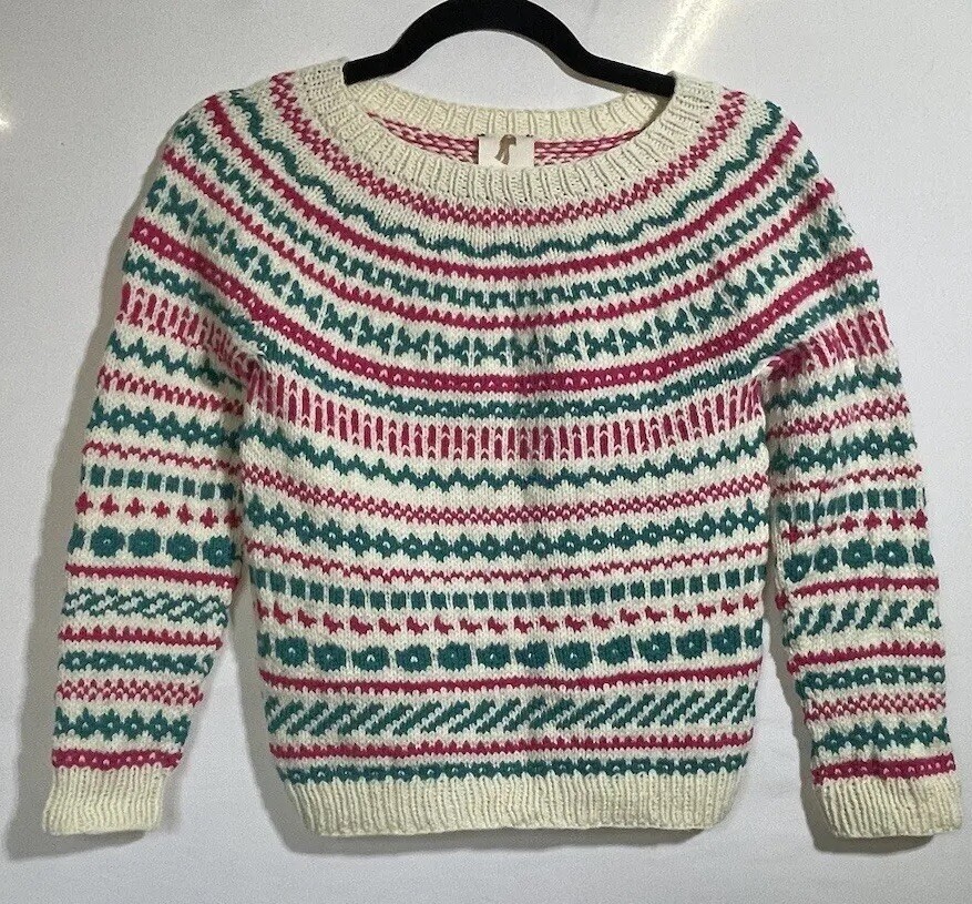 Grannycore Girl’s Pullover Sweater Cream Pink Teal Made For You By Grammy Size M
