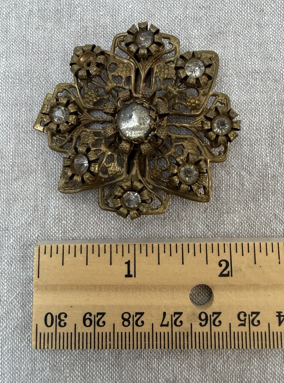 Antique Gold/Brass Tone Filigree Half-Belt Buckle w/Rhinestones Repurpose NOTES