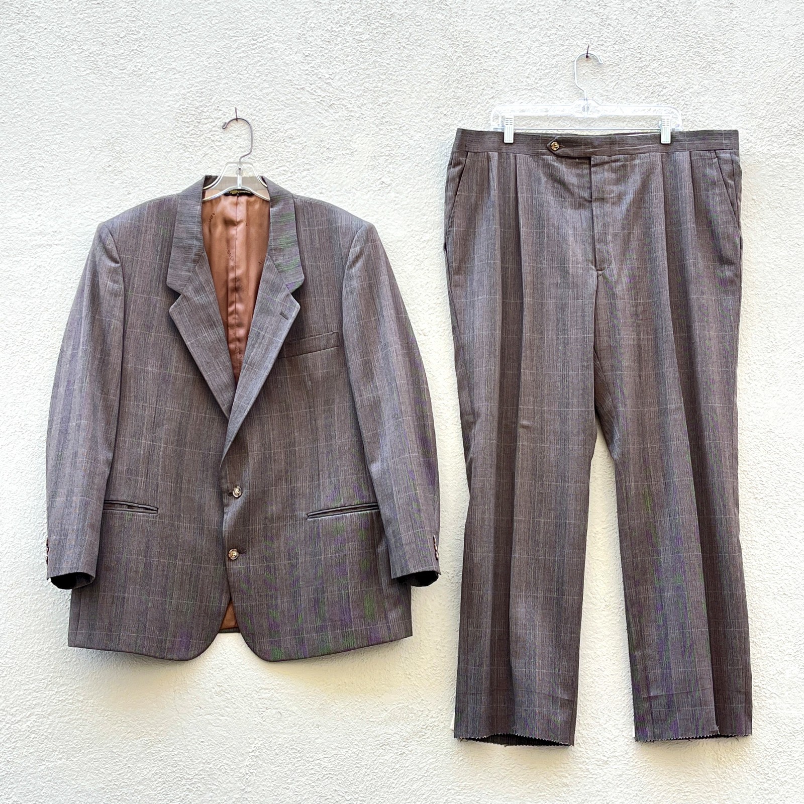 Vintage 80s 90s Adolfo Taupe Brown Plaid Tailored 2 Piece Suit 48R 42W