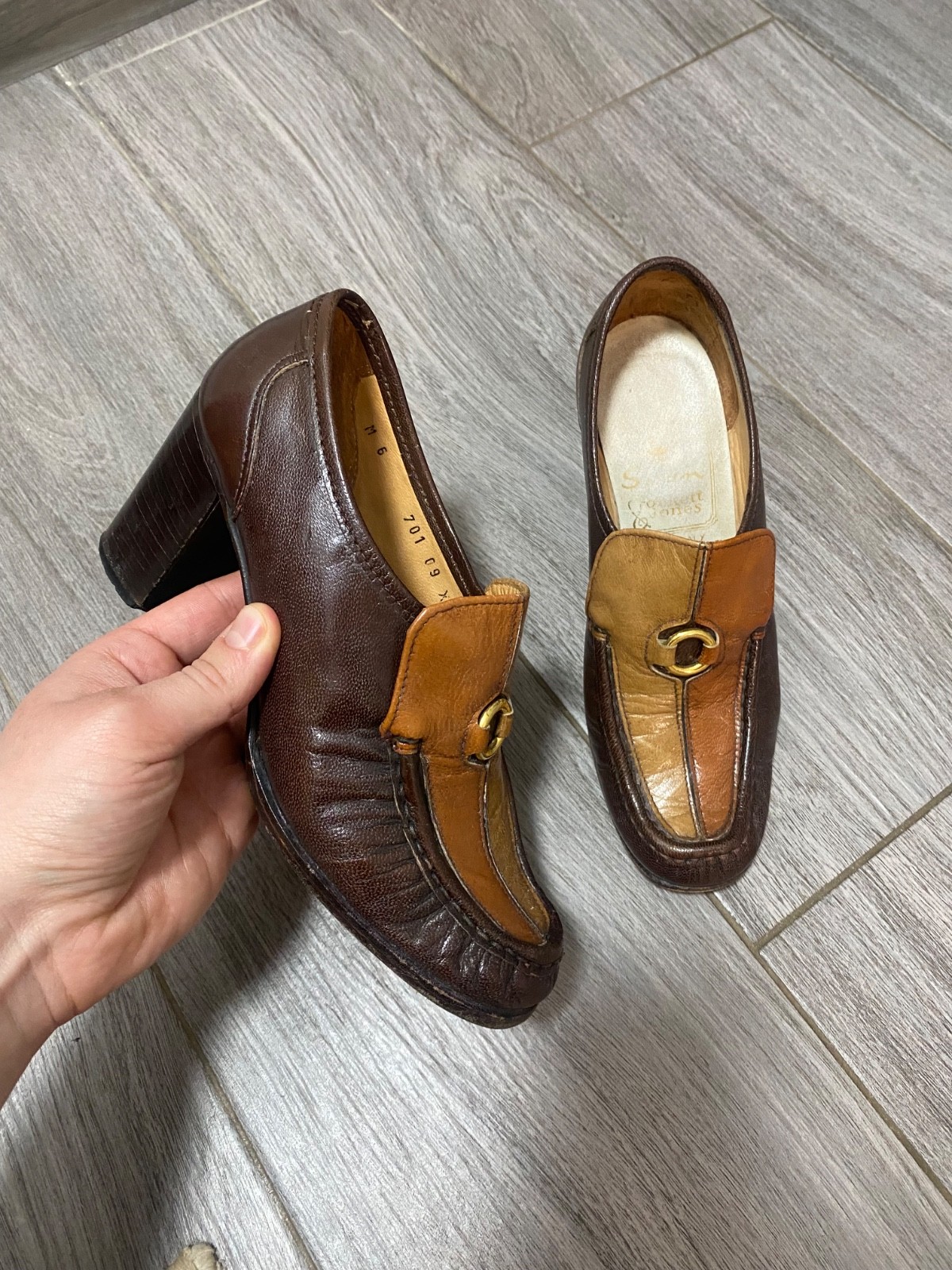 Vintage Crockett & Jones SWAN Shoes Brown Leather Loafers Heels Italy Size 6 B
