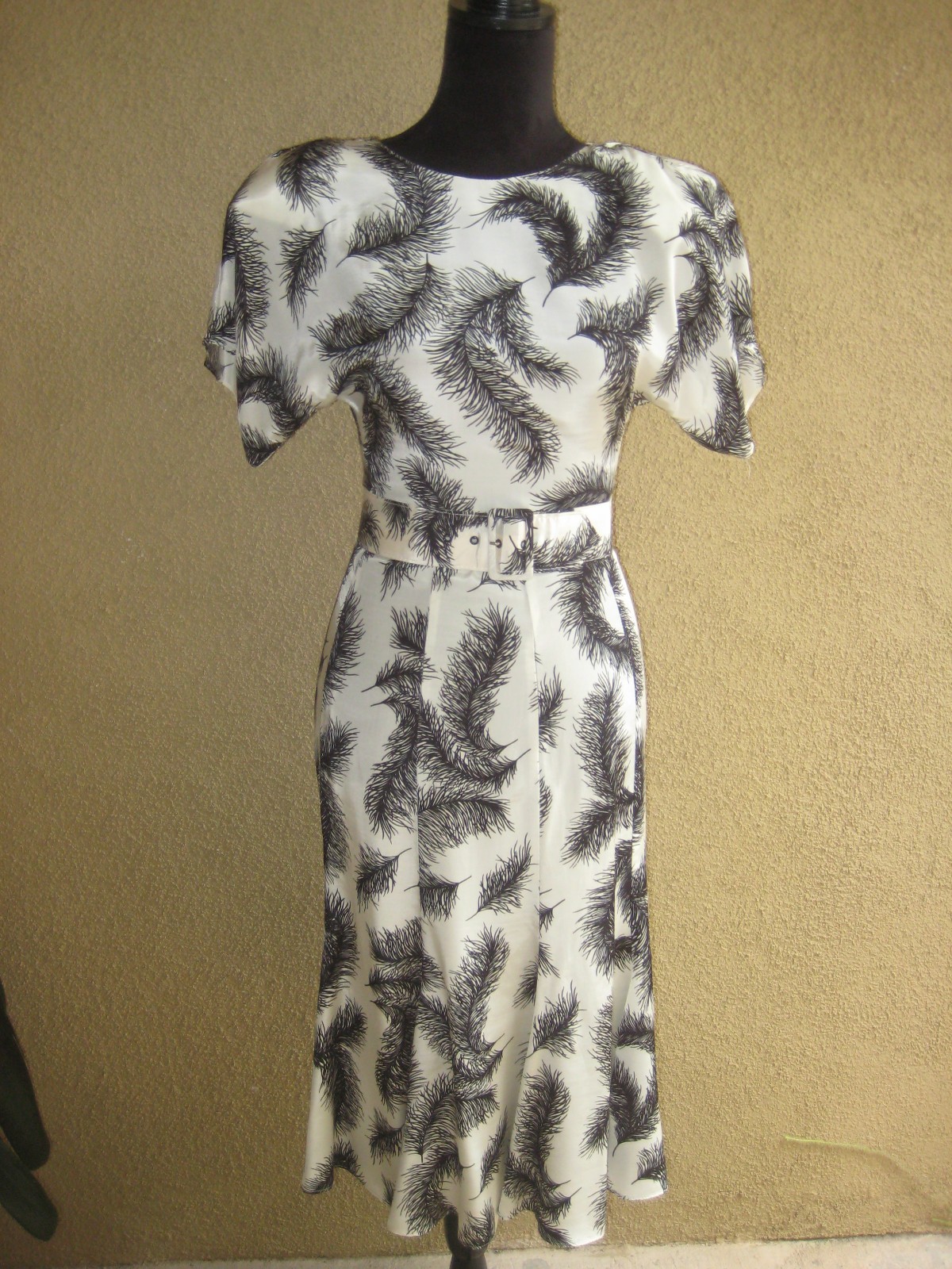 Vintage 80s Sterling Silver rayon satin black feather tulip swing dress 3/4