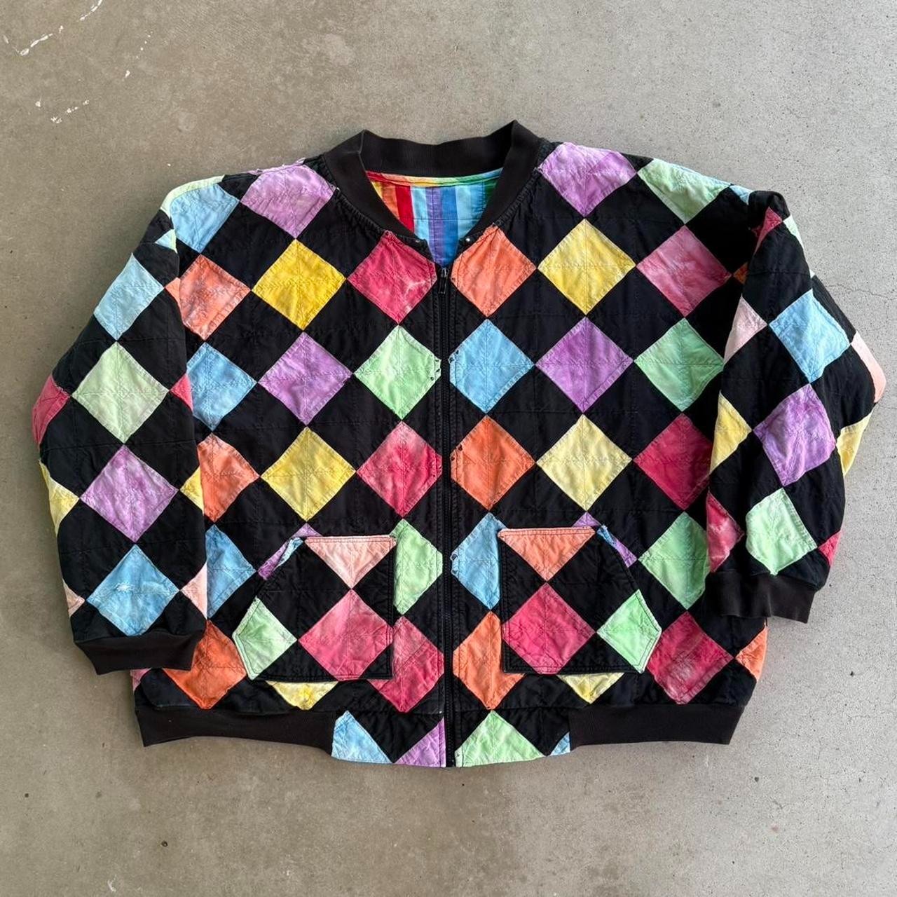 VINTAGE 1980s PATCHWORK QUILTED COLOR BLOCK TALON ZIP UP BOMBER JACKET XL 29×30