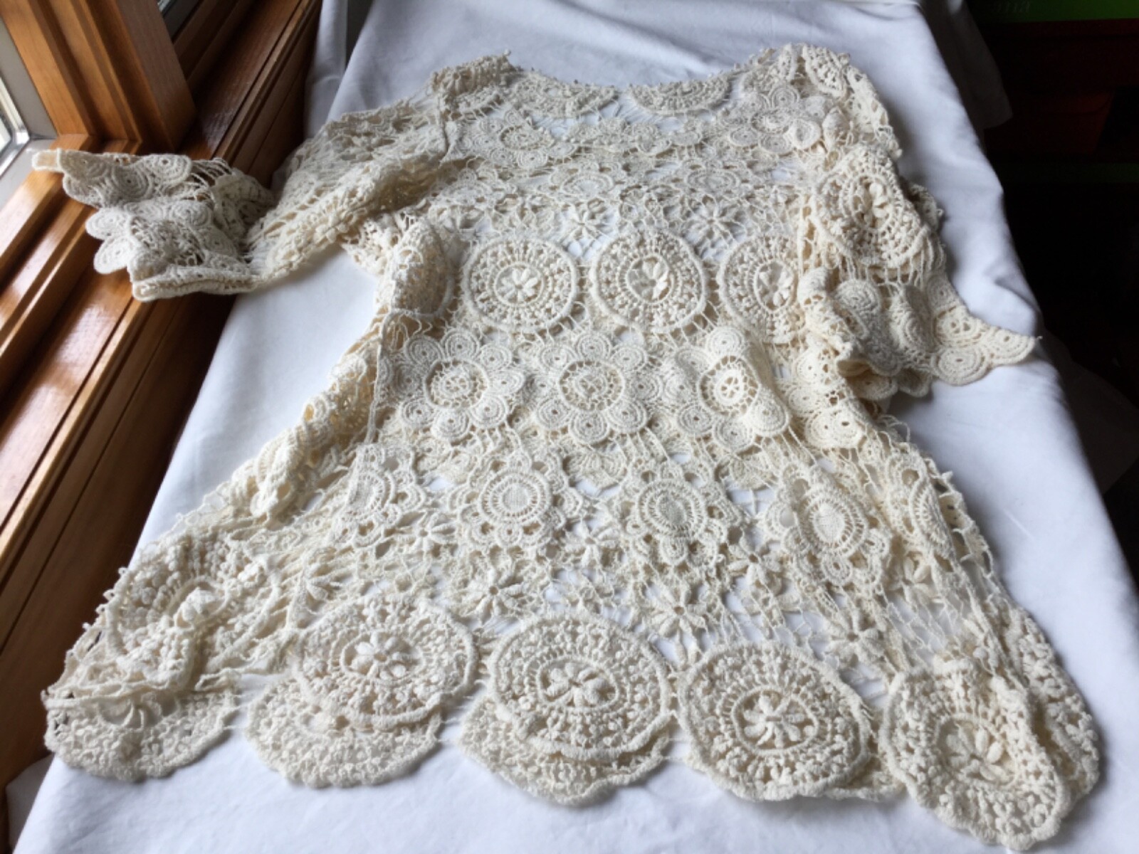 MACRAME Crochet LACE Tunic TOP Scalloped HEM Natural S/M BOHO