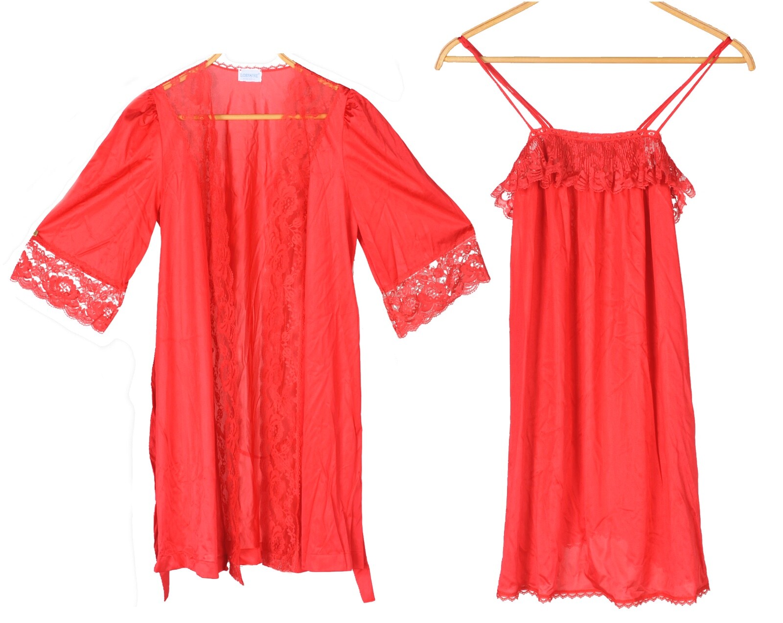 Vintage Lorraine Red Lace Trim 2 Pc Nightgown Robe Peignoir Set Small NEW w Tags