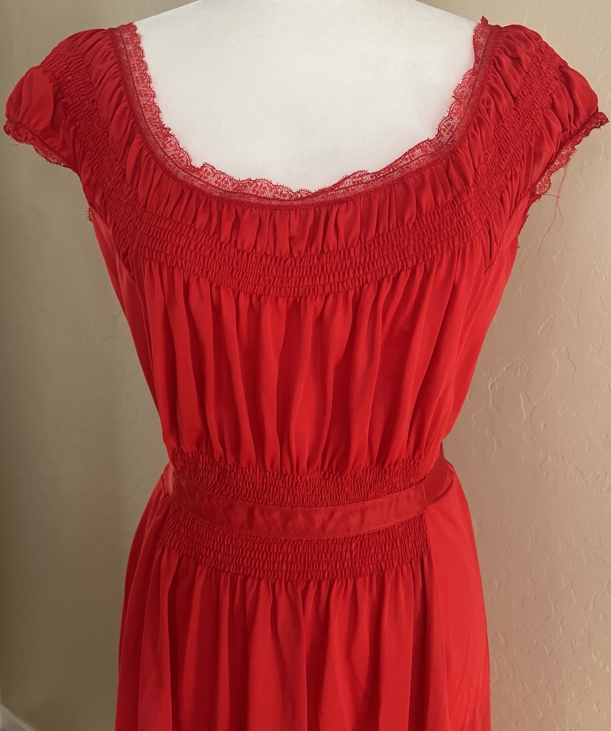 Vintage 50s Artemis Ruched Lace Nightgown Siren Red SZ 38 Med Belted Cap Sleeve
