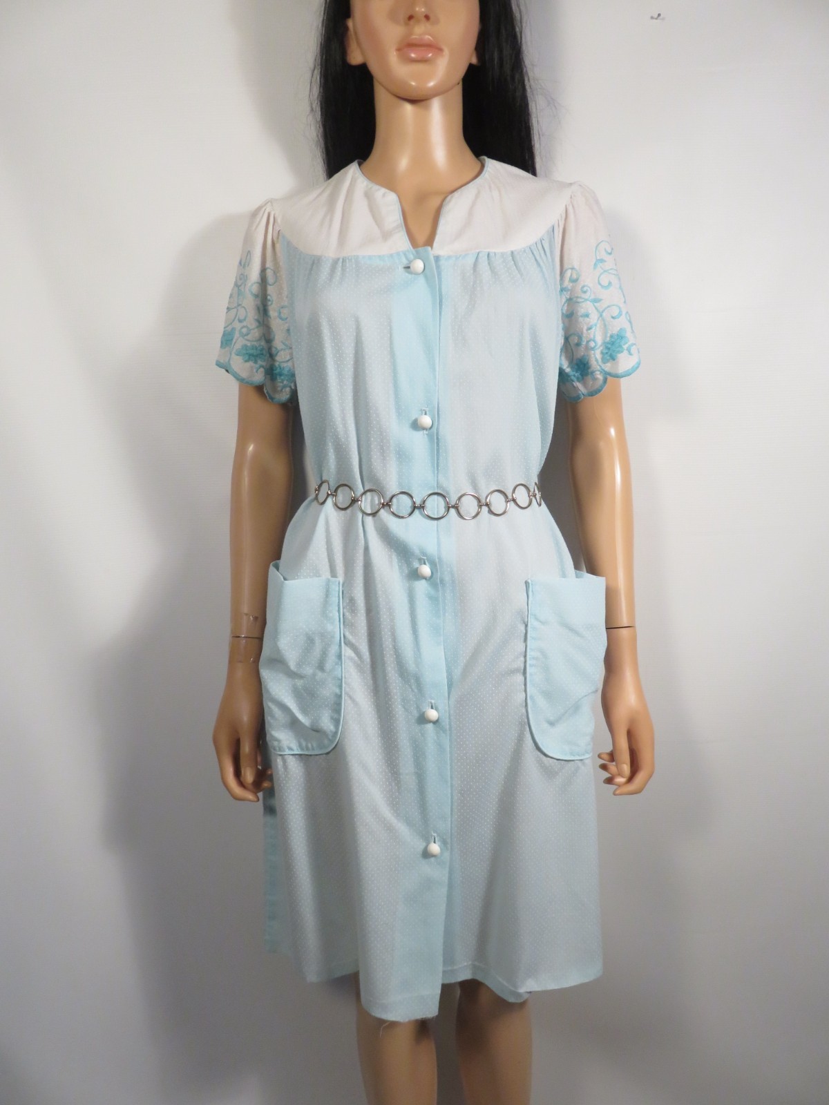 Vintage 60s/70s Dotted Swiss Button Front Housecoat Robe Nightgown Size L