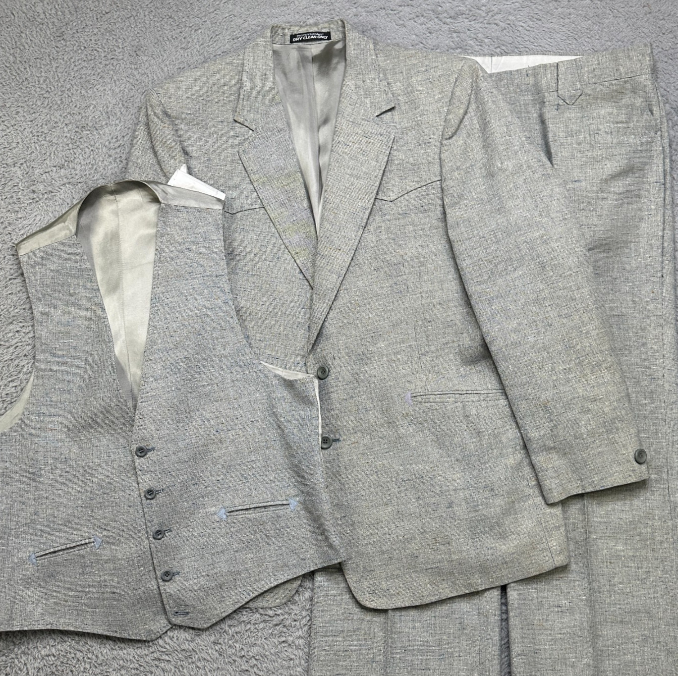Vintage Western 3 Piece Suit Mens 44? Pants 38×30 Gray Basketweave Texture Sewel