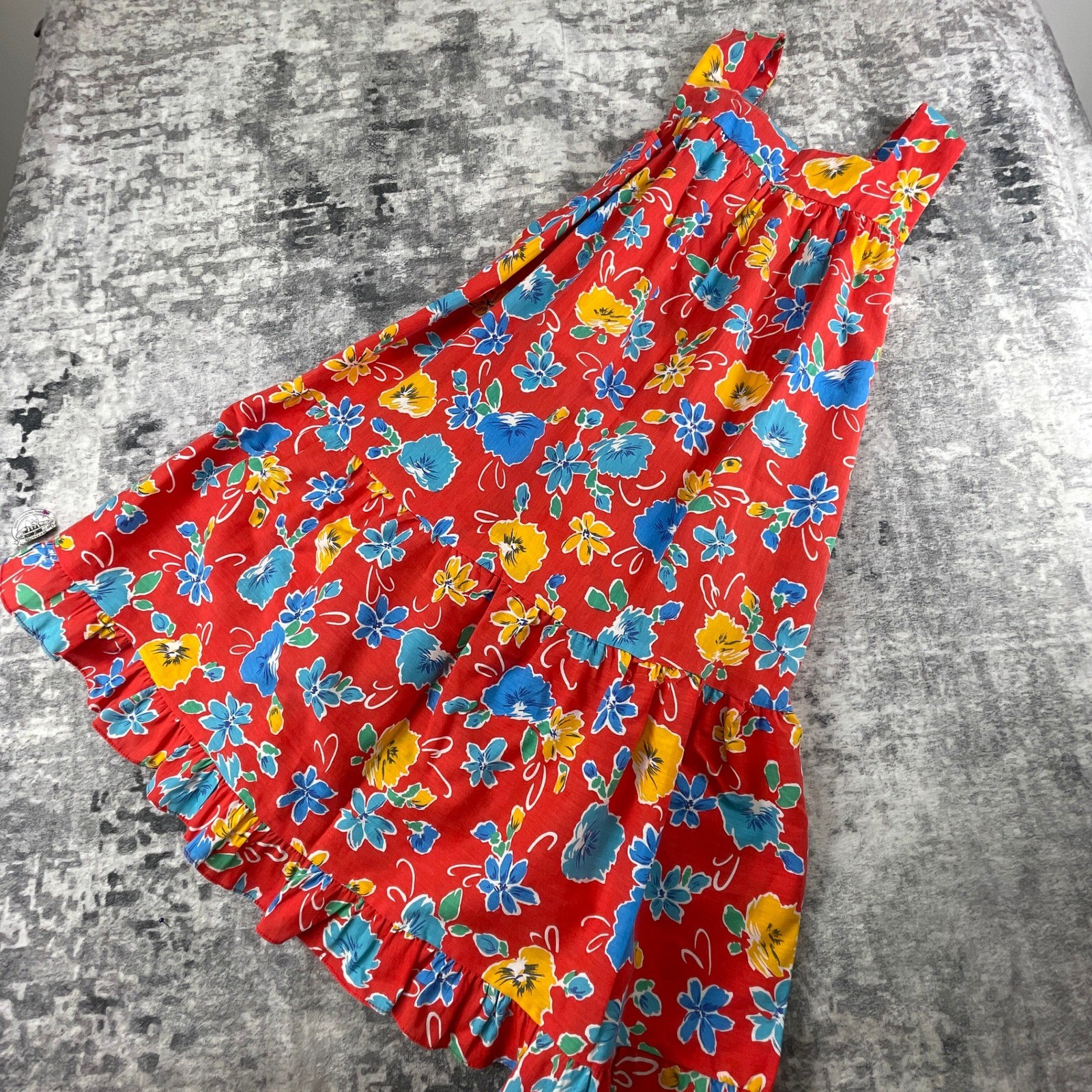 Vtg Holly Gloria Moret Womens M Hawaiian Dress 70s Floral Red Tiered Ruffle USA