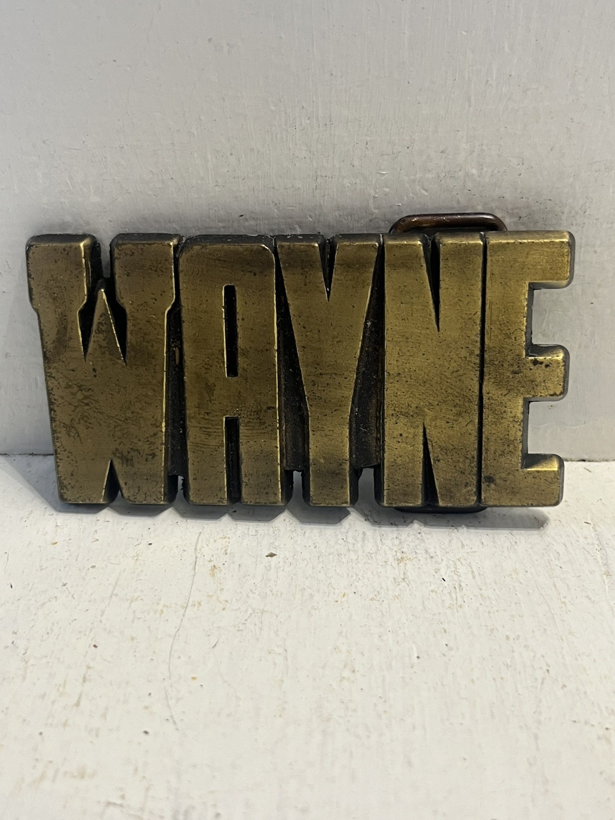 – Vintage 1980’s Brass Colored Belt Buckle Wayne Name