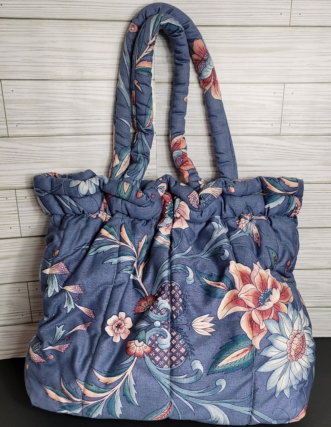 The Tote Folks Large Floral Fabric Metal Frame Tote Bag RARE H2F Pink Blue