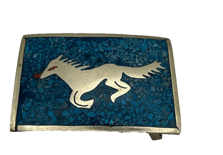 Southwest Style Mexico Horse Belt Buckle Turquoise Chip Silver Tone Vintage
