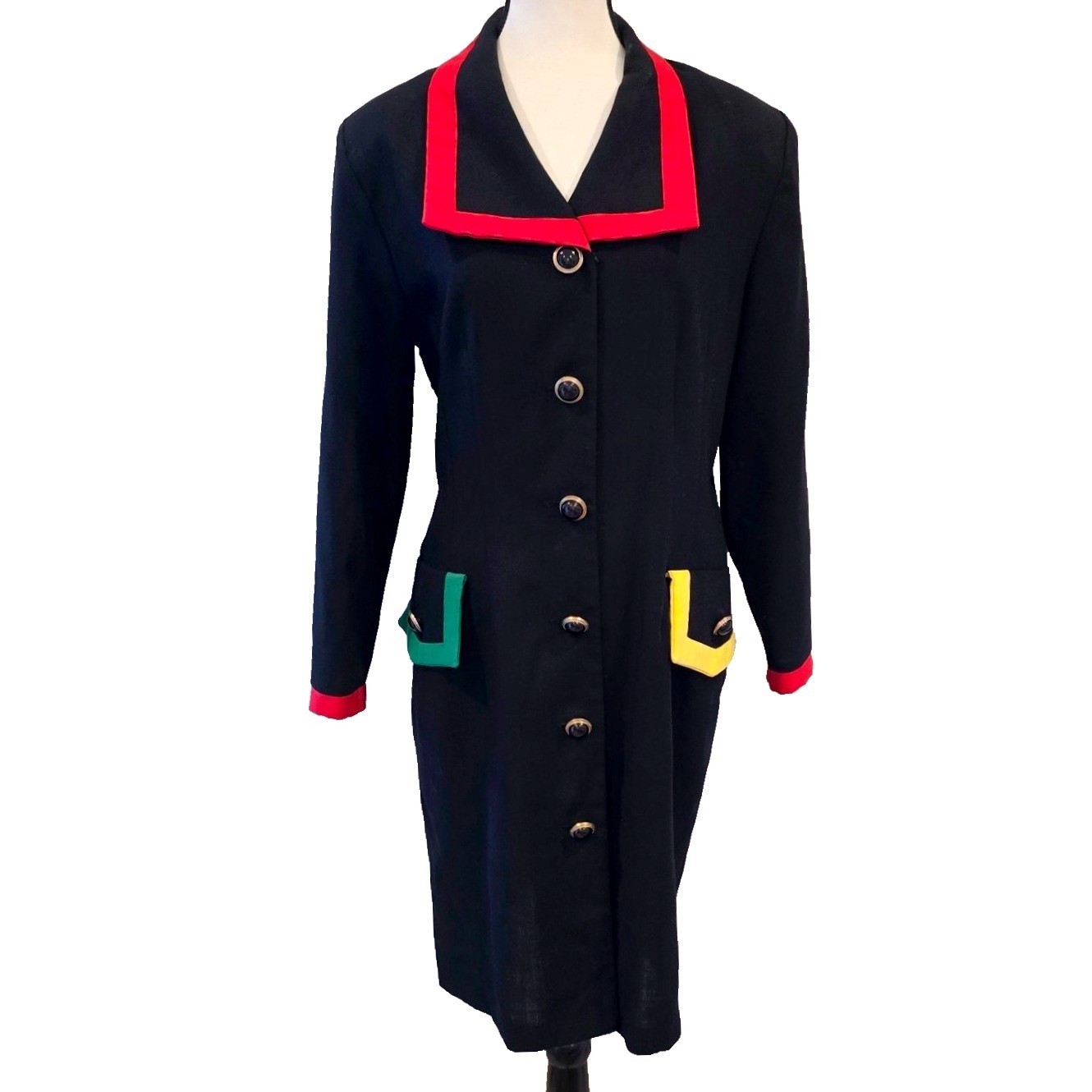 Vintage 1990s Chel’sea Ltd Blazer Dress Womens 14P Petite Color Block Black Midi