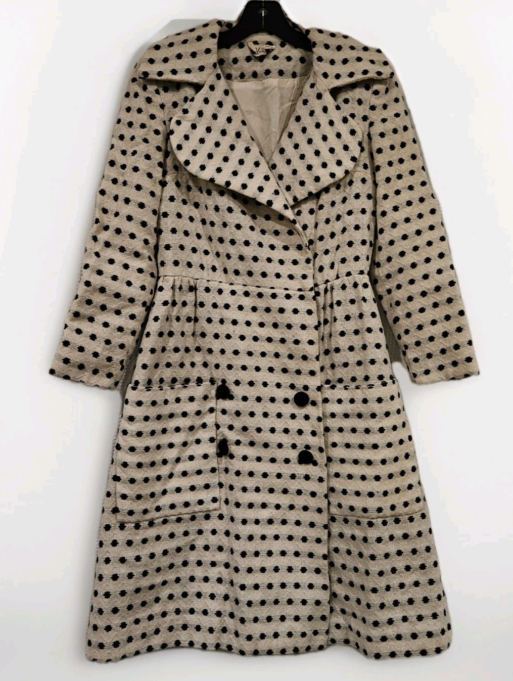 Vintage 1950s Lee Jordan New York Wool Flocked Polka Dot Swing Coat Ivory/Black
