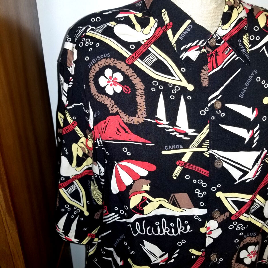 Vintage Reyn Spooner Hula Girls Waikiki Beach Hawaiian Shirt. Black. Large.