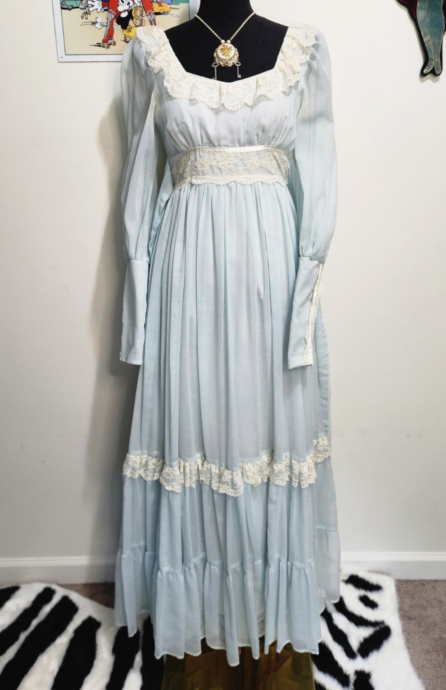 70s Gunne Sax Romantic Prairie Ice Blue Lace Dress XS Small Size 7