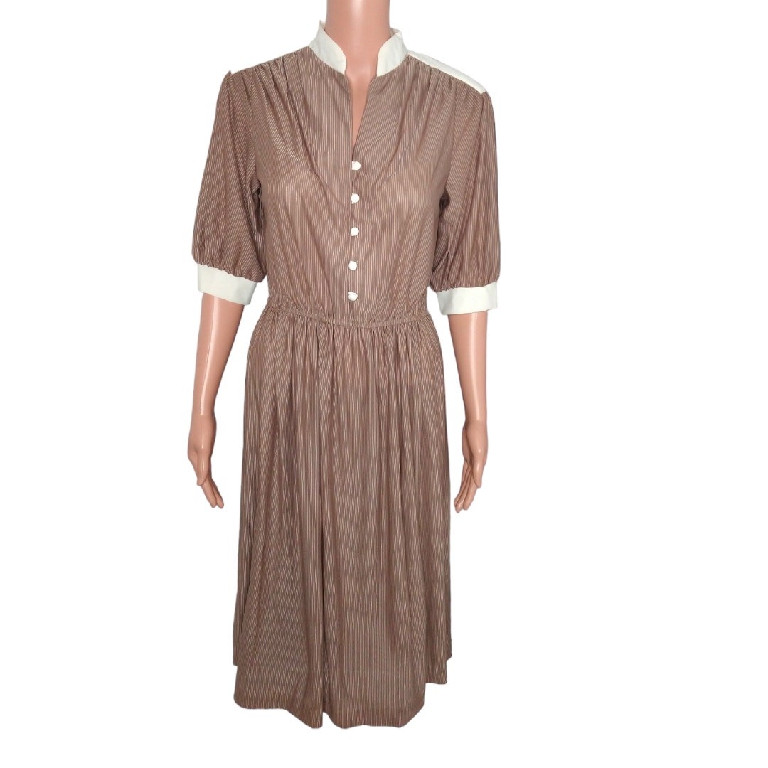 70’s Vintage Taupe Pinstripe Midi Dress Size Medium
