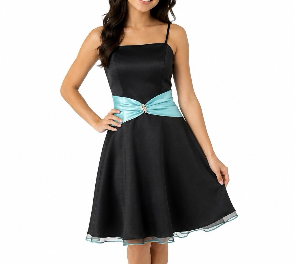 Aspeed Y2K Black Midi Dress with Aqua Satin Waistband and Jewel Detail Size S