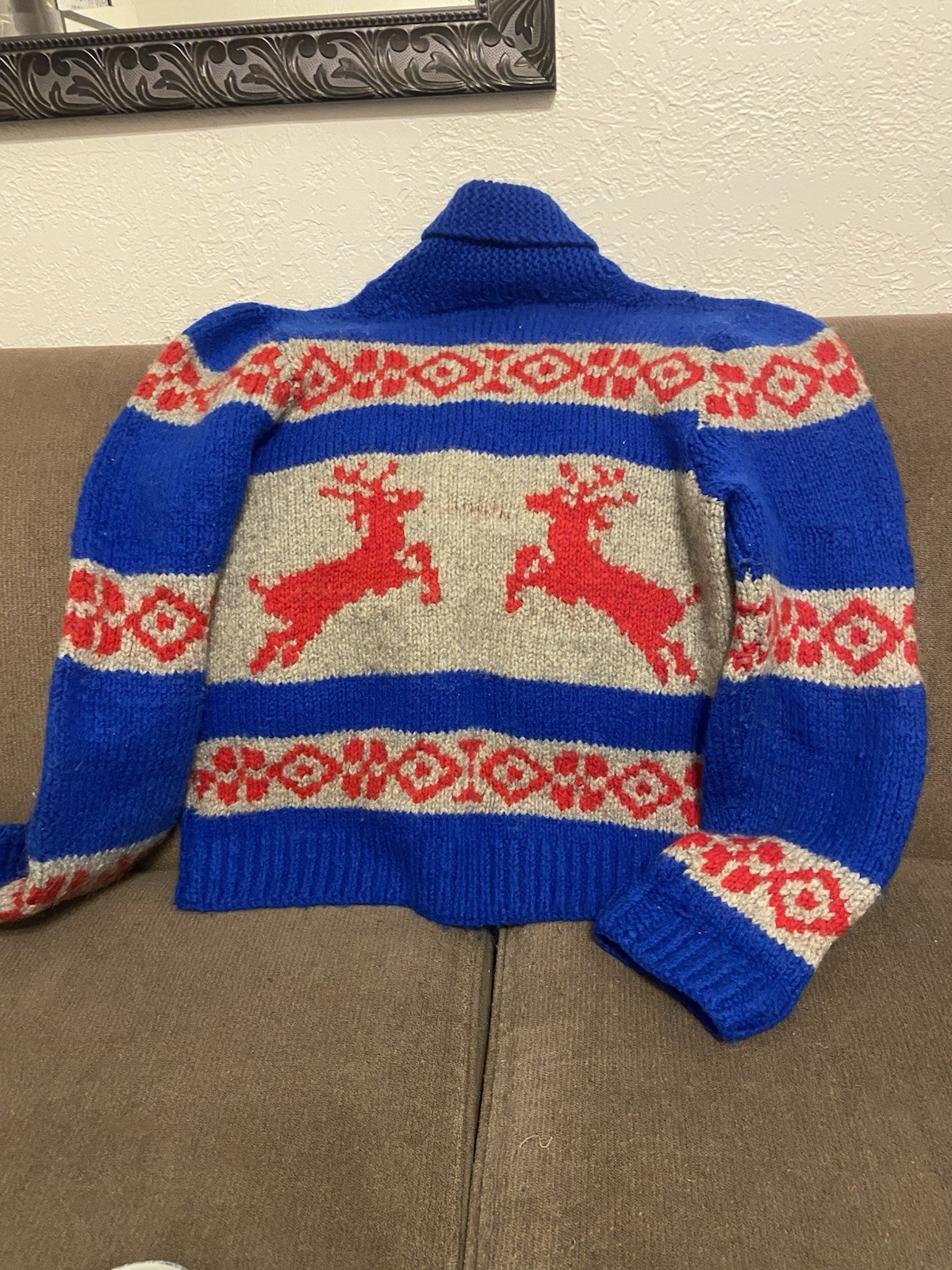 Vintage Blue Red Gray Knit Zip Front Sweater with Reindeer Pattern Casual
