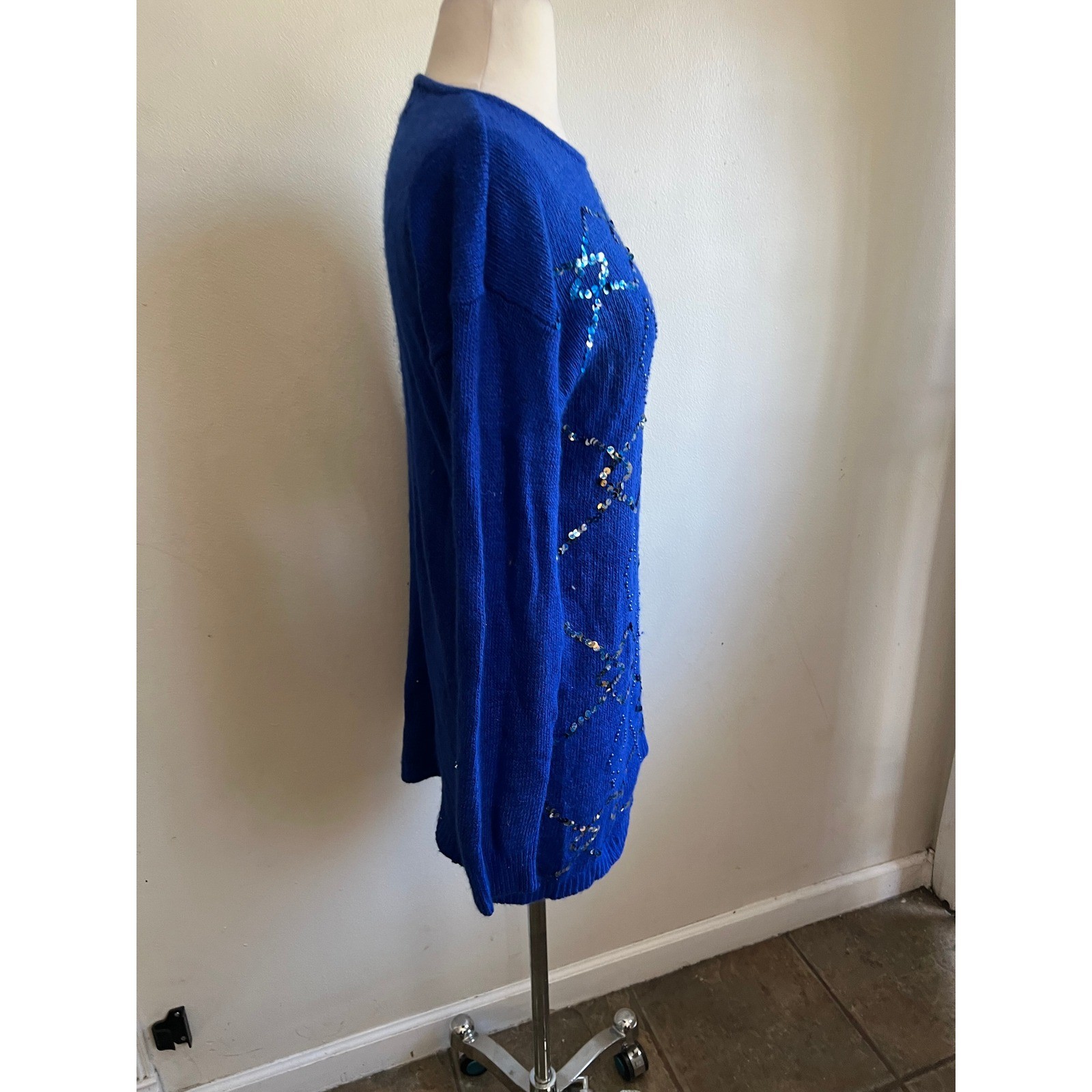 Le Chois Vintage Royal Blue Sequin Silk Angora Lambswool Sweater Dress Medium