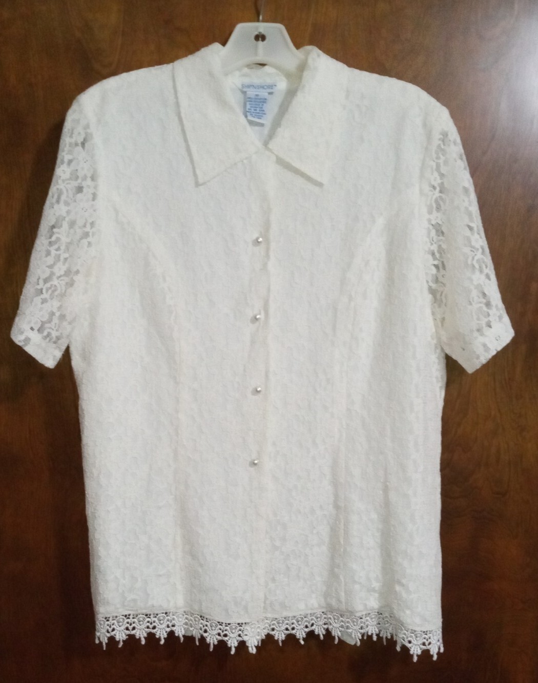 SHIP ‘N SHORE Lace SS Blouse Women’s Off-White Pearl Buttons Size 10 Vintage VGC