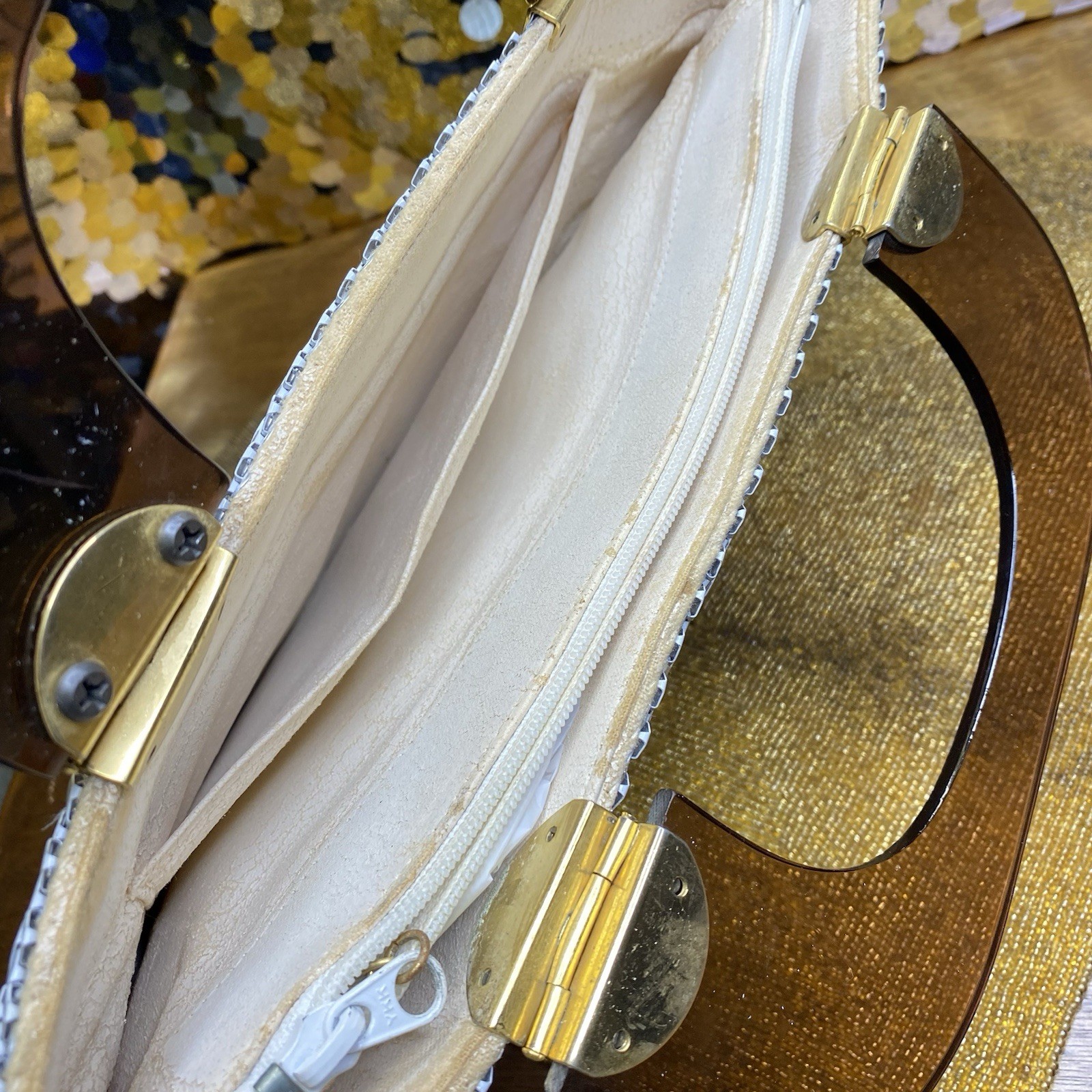 Vintage White Mesh Purse With Brown Lucite Acrylic Handle Brass
