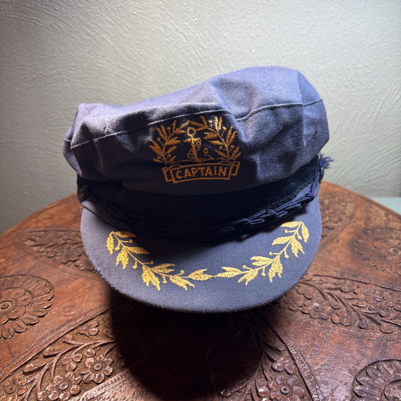 Greek Captain Hat Fisherman Wool Navy Made In Greece Gold Embroidered Trim
