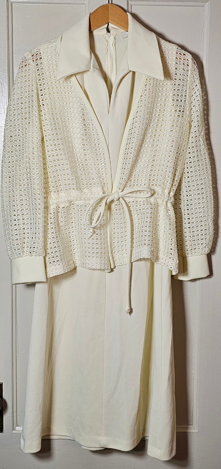 VTG 70’s Diane Young 2-pc. Dress Jacket Women’s Size 10 Ivory Mesh A-Line Career