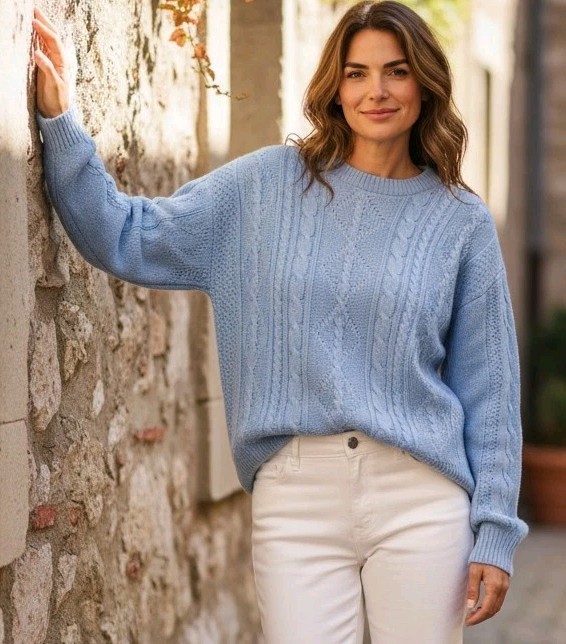 Vintage 90s John Weitz Blue Cable Knit Cotton Sweater Women’s XL Preppy