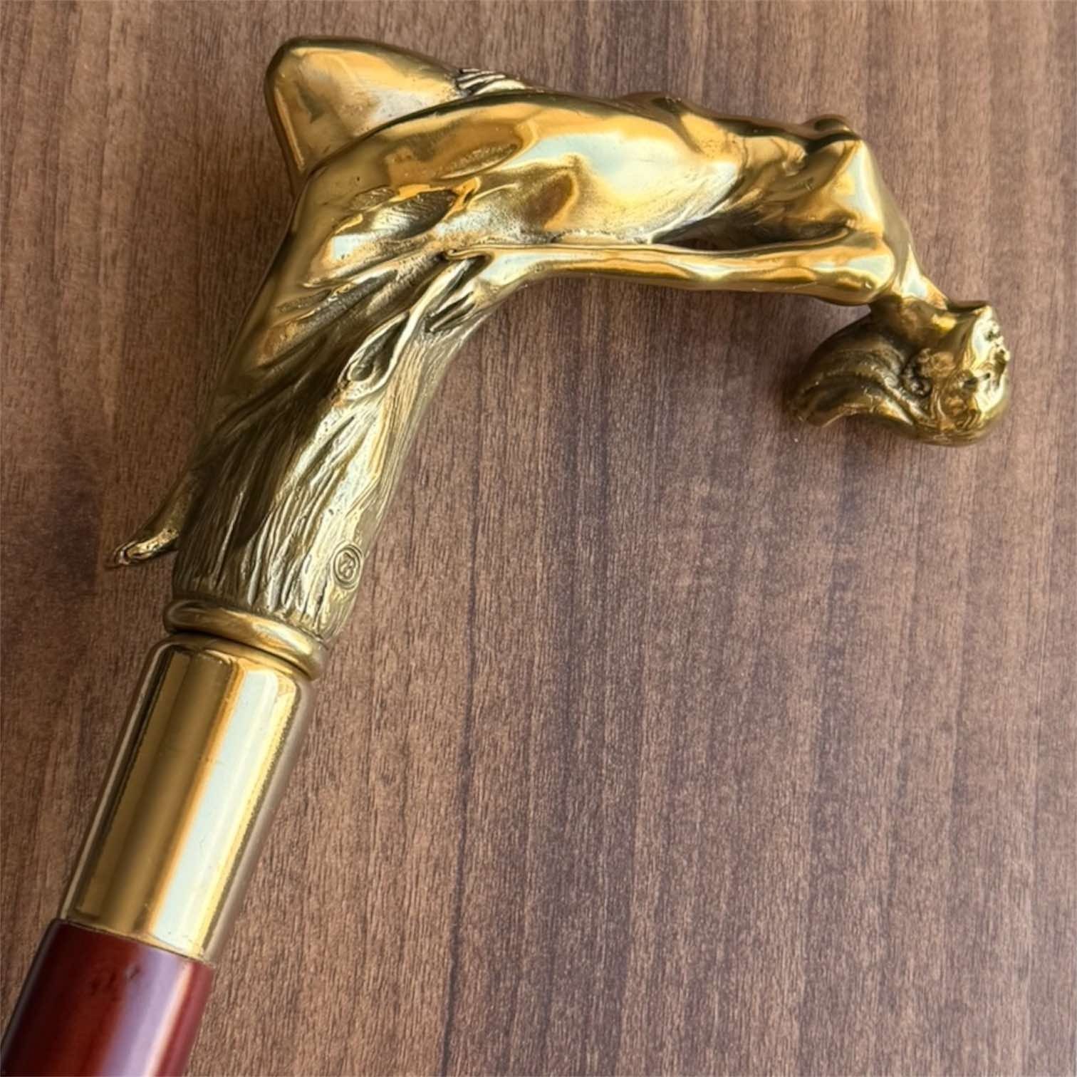 Bronze Lady Sculpture Walking Stick Cane Woman Wood Design Handle Female Signed