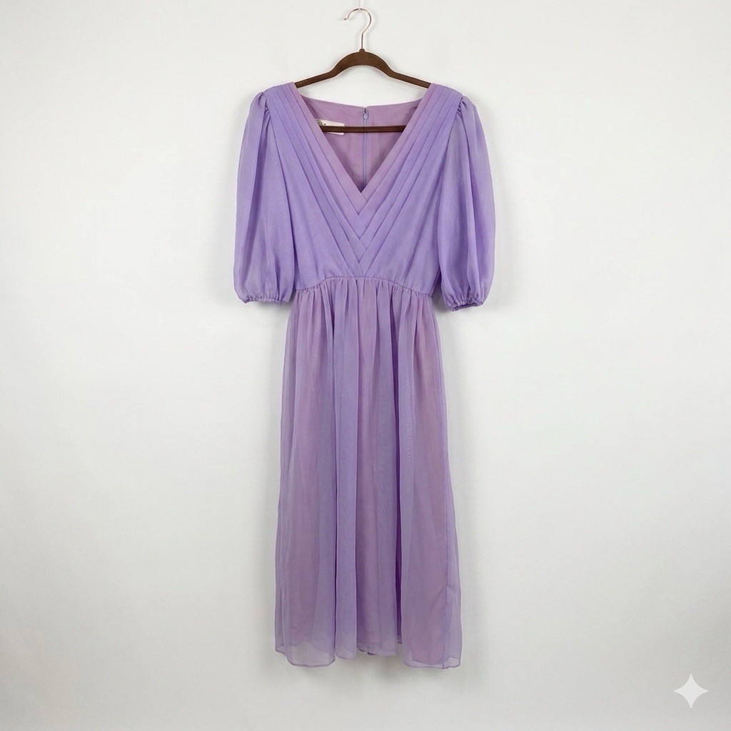 Vintage Dessy Creations Lavender Chiffon Pleated Maxi Dress Puff Sleeve Coquette