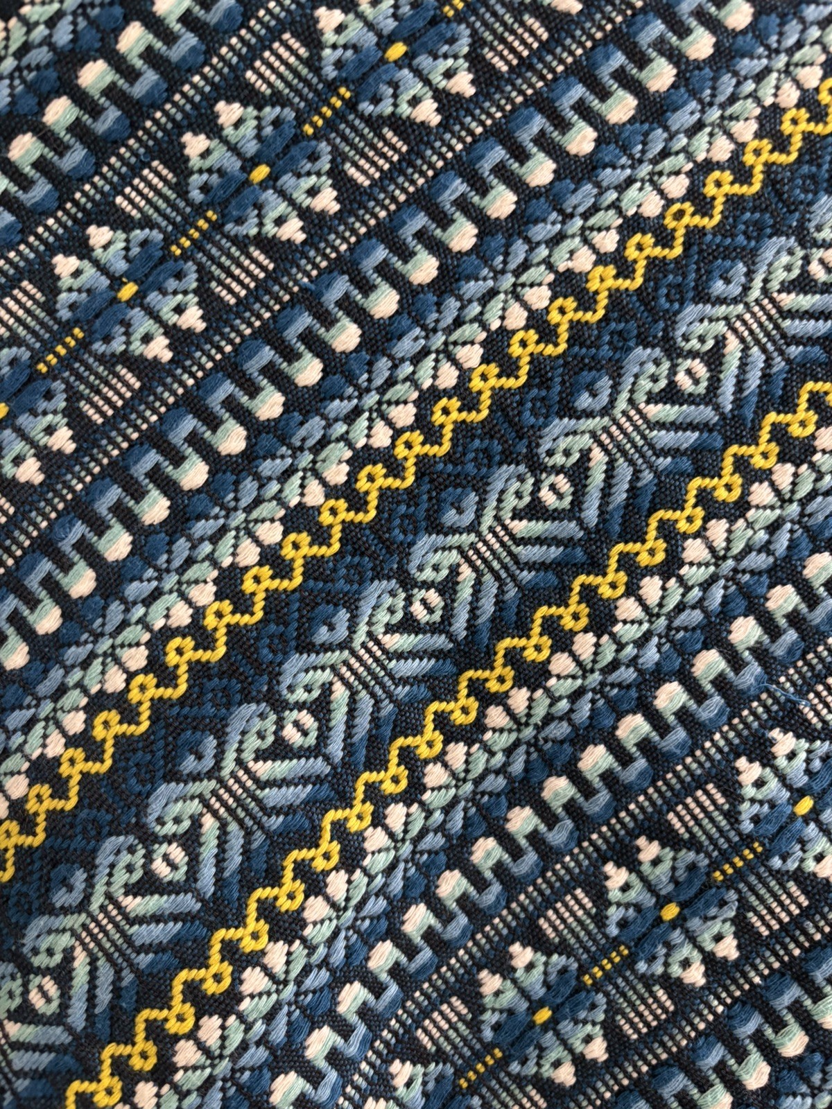 Vintage Guatemalan Poncho Woven Tapestry Fringe Hippie Blue White and Yellow