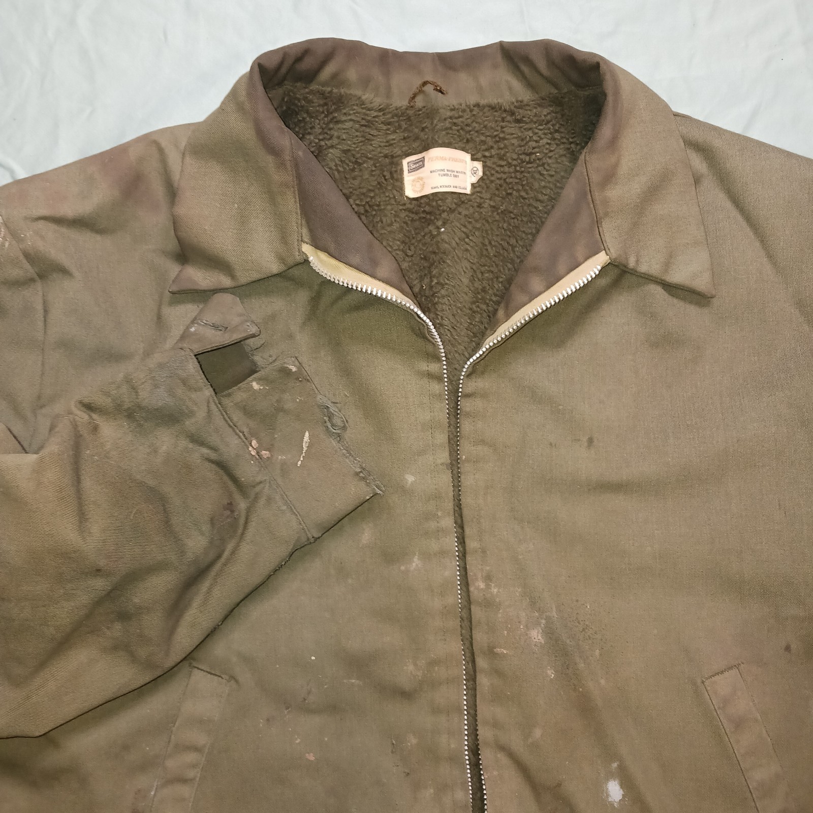 VTG Sears Work Clothing Perma Prest Lined Jacket 60s 70s Olive Men XL DISTRESSED