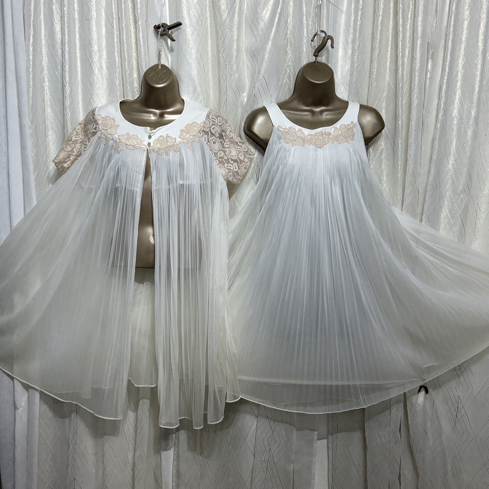 VTG 12/14 Peignoir Babydoll TWIRLY Nightgown Lace Double Chiffon Bridal Pleated