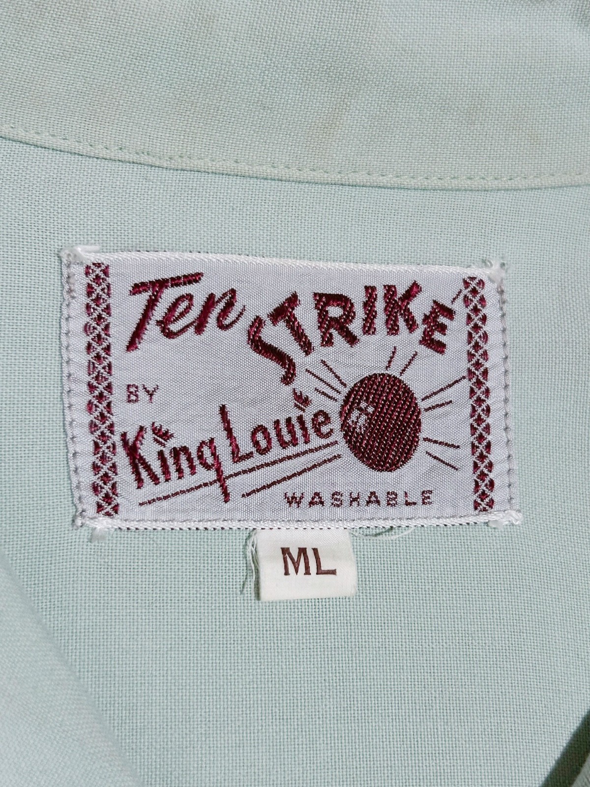 50s King Louie Ten Strike Rayon Bowling Shirt Chainstitch Mint Green ML USA VTG
