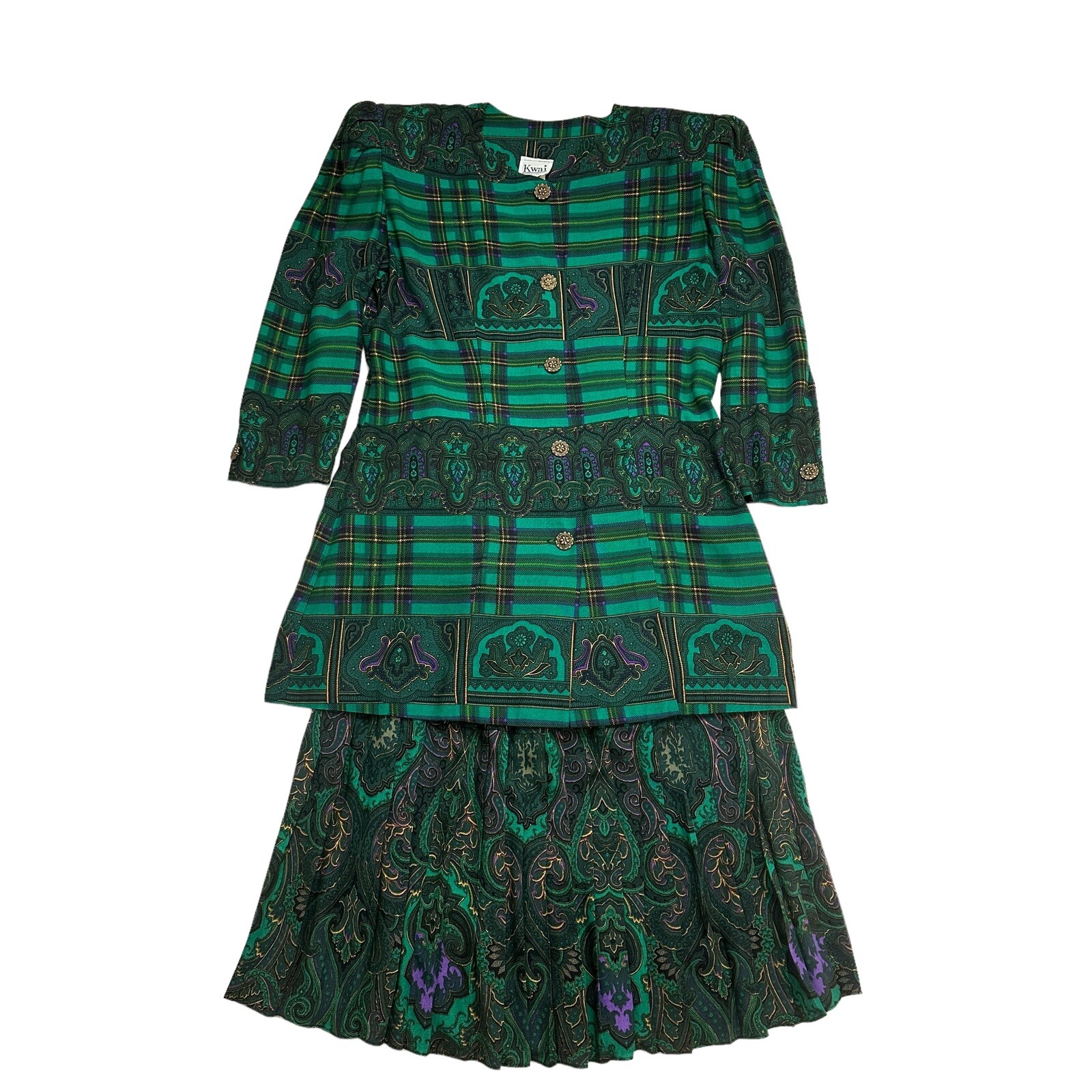 Vintage Kwai 2pc Skirt Set Green Paisley Plaid Pleated Scottish USA Women 8