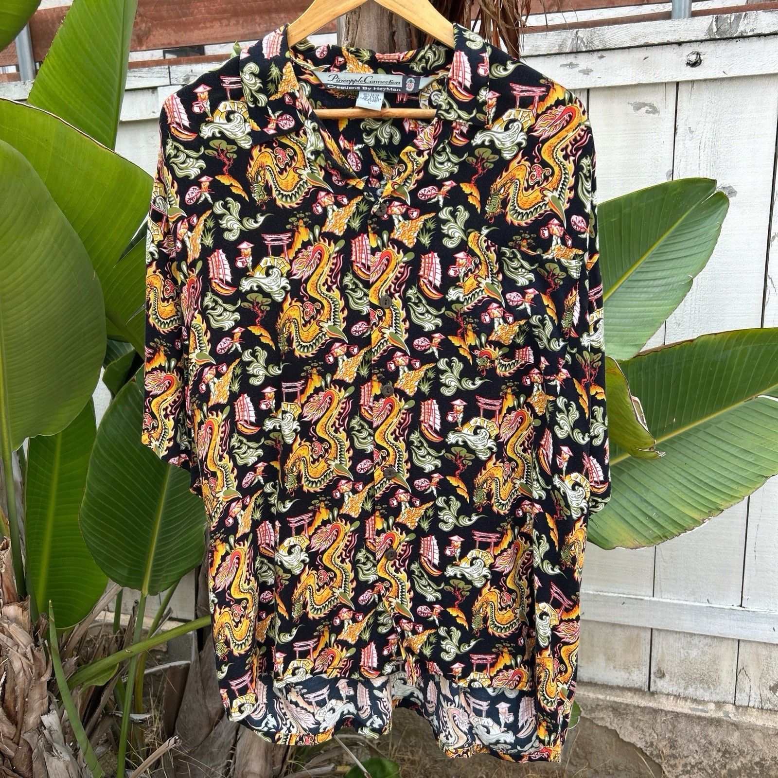 Vintage 90s Pineapple Connection Dragon Rayon Hawaiian Shirt L
