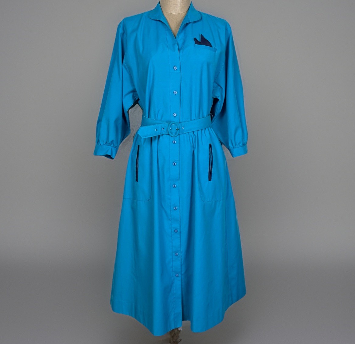 Vintage Willi of California Teal Blue Belted Shirt Dress Size 4 Secretary