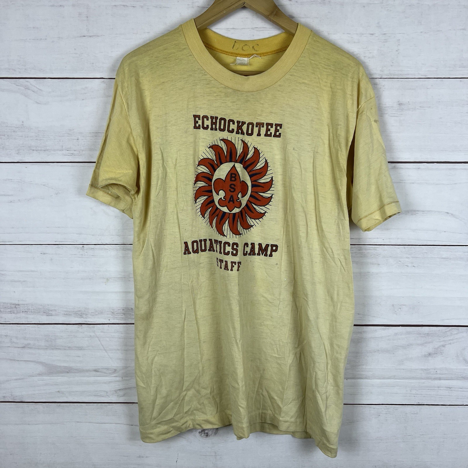 Vintage 70s BSA Boy Scouts Of America Staff T-Shirt Faded Yellow XL Mens