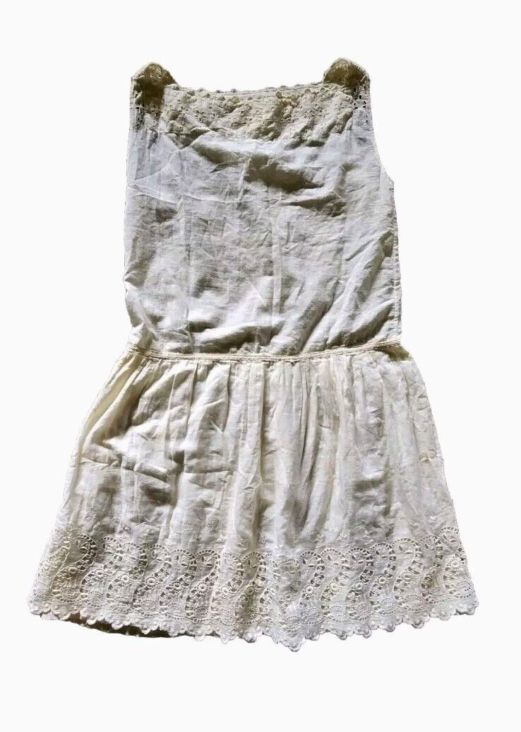 Antique Victorian Edwardian White Embroidered Eyelet Ruffle Lace Dress Square