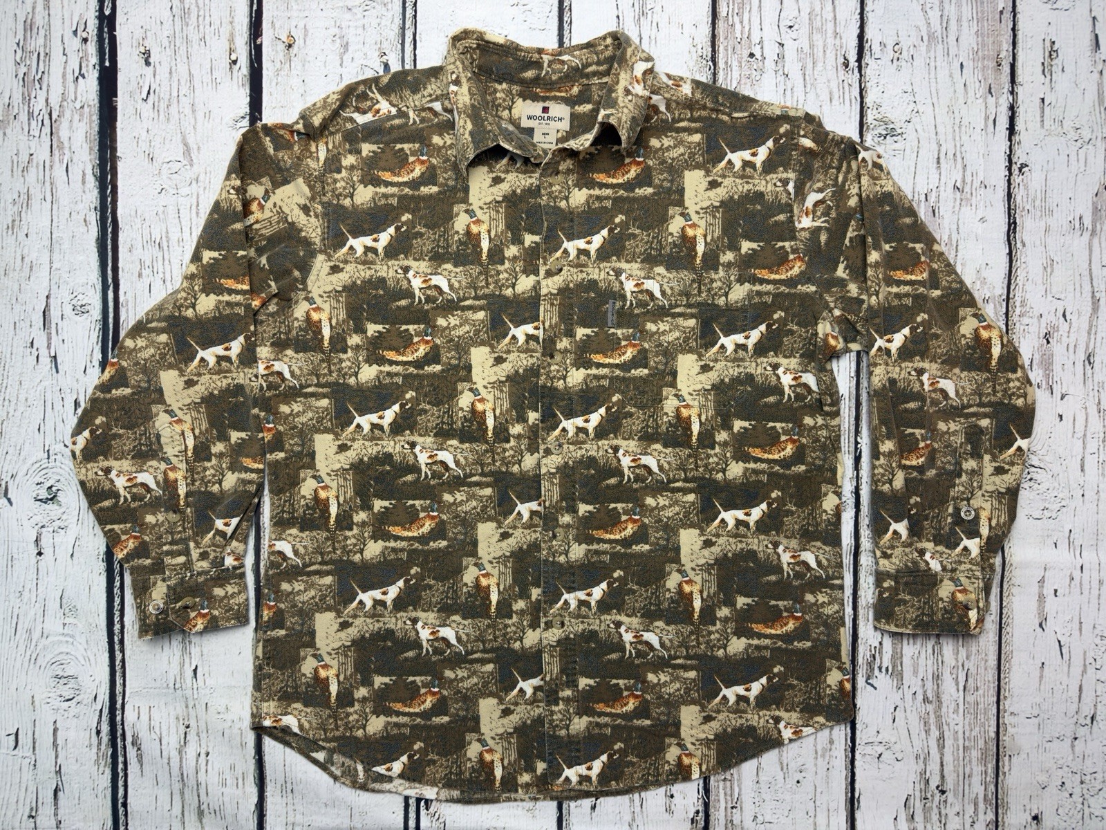 VTG Hunting Dog Pheasant Bird Dog All Over Print Woolrich Button Up Flannel – L