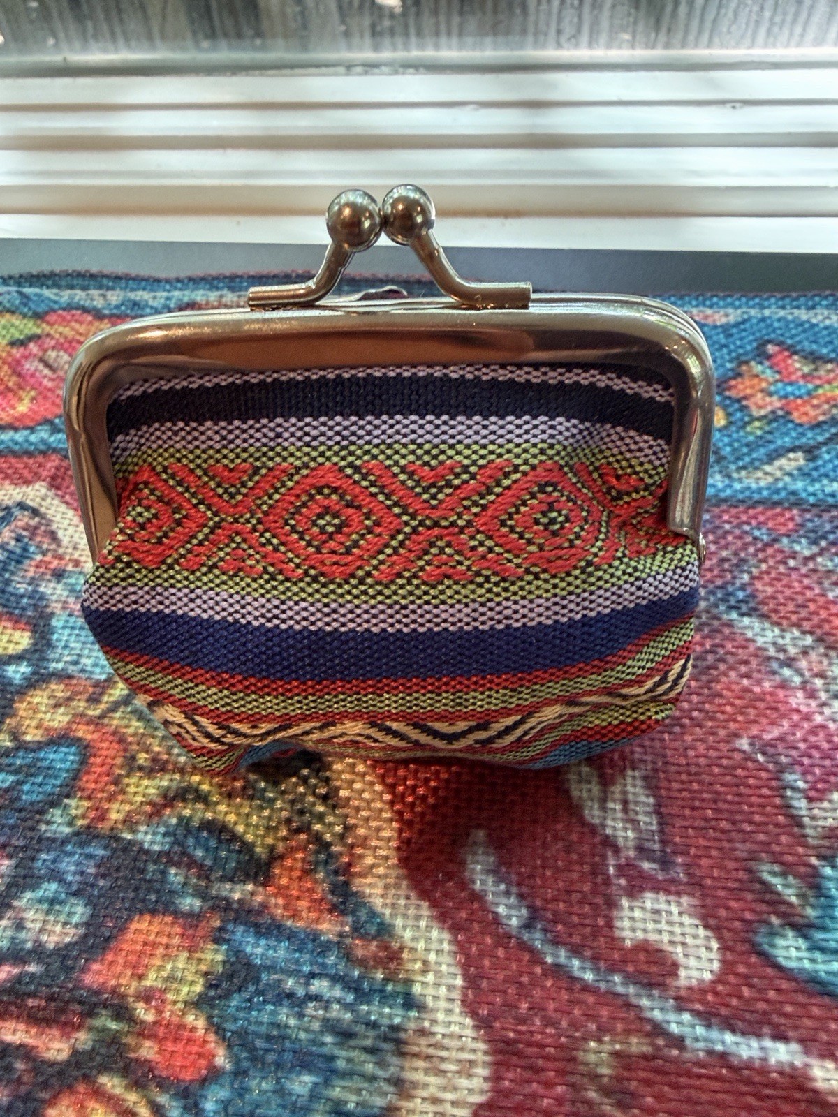 Gorgeous Vintage Ethnic Woven Vibrant Color Boho Coin Purse with Kiss-Lock Frame