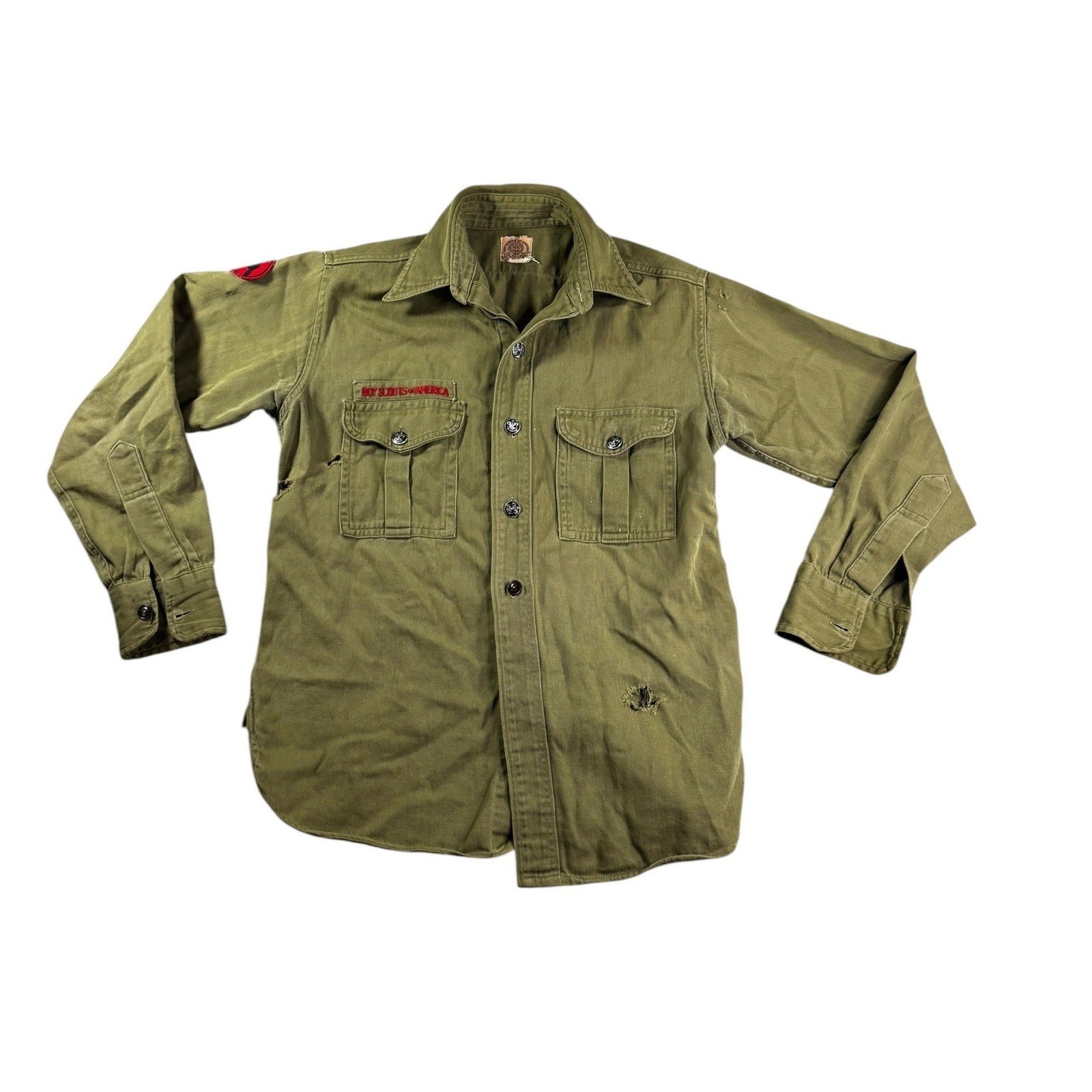 Vintage Boy Scouts of America Official Uniform Shirt Olive Green Distressed BSA