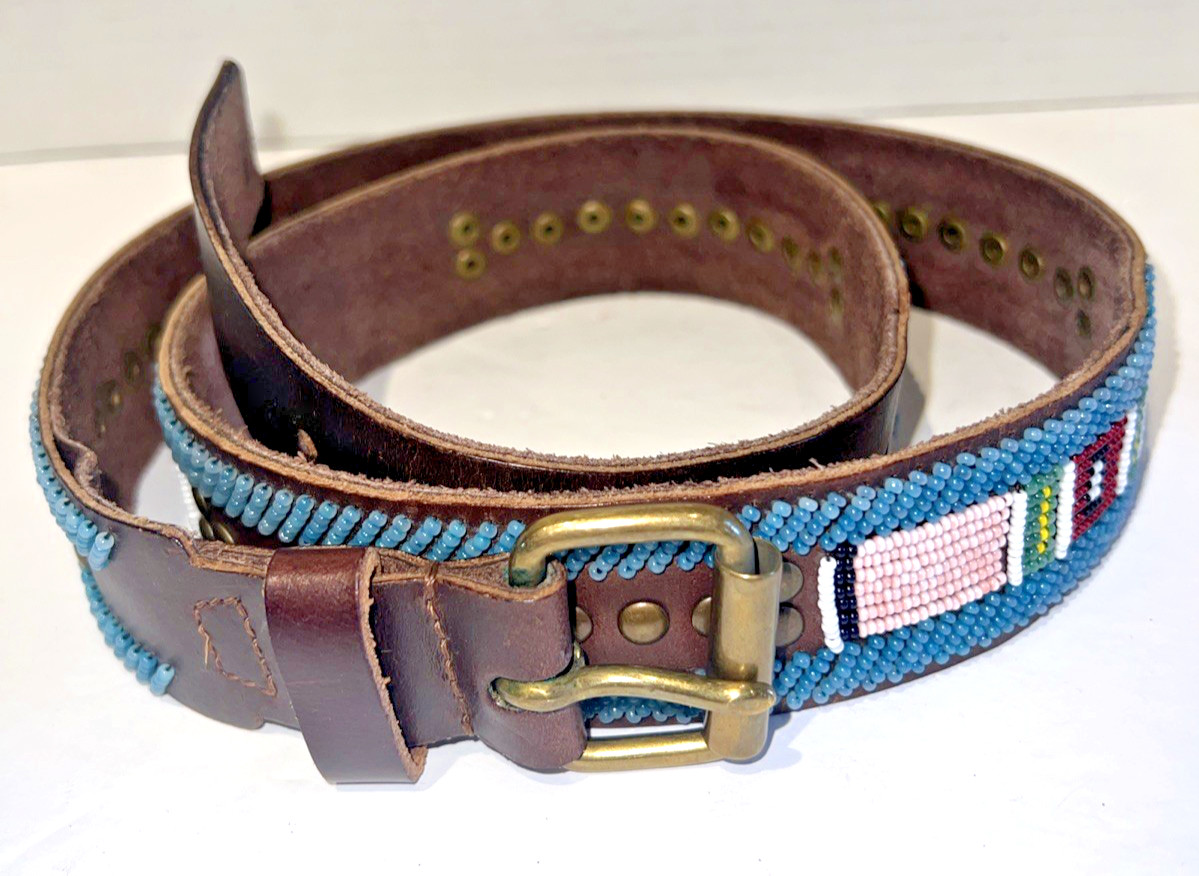 Brown Leather Seed Beaded Belt Blue Pink Green Red White Tribal 1.5″W 41.5″L