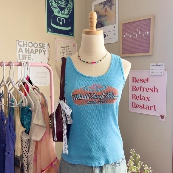 Vintage Y2K Mudd Surf Shop Blue Tank Top Hibiscus Flower Preppy