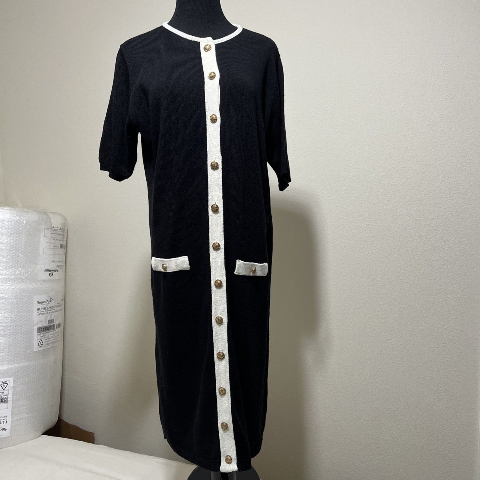 Vintage 70s Sweater Knit Dress Black White Cardigan Button Office Career Retro M