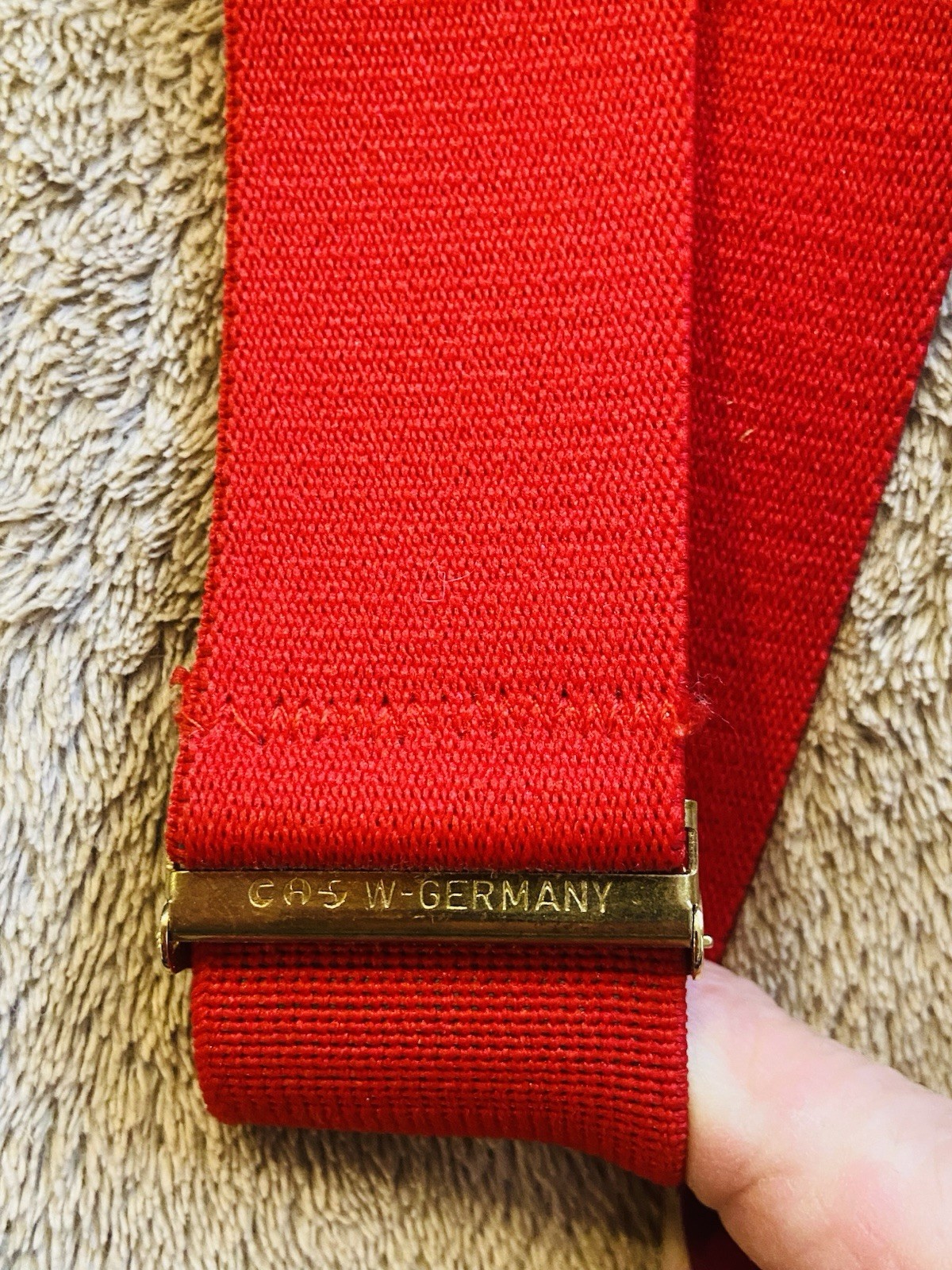 Vintage CAS West Germany Red Elastic Brown Leather Button Loop Y-Back Suspenders